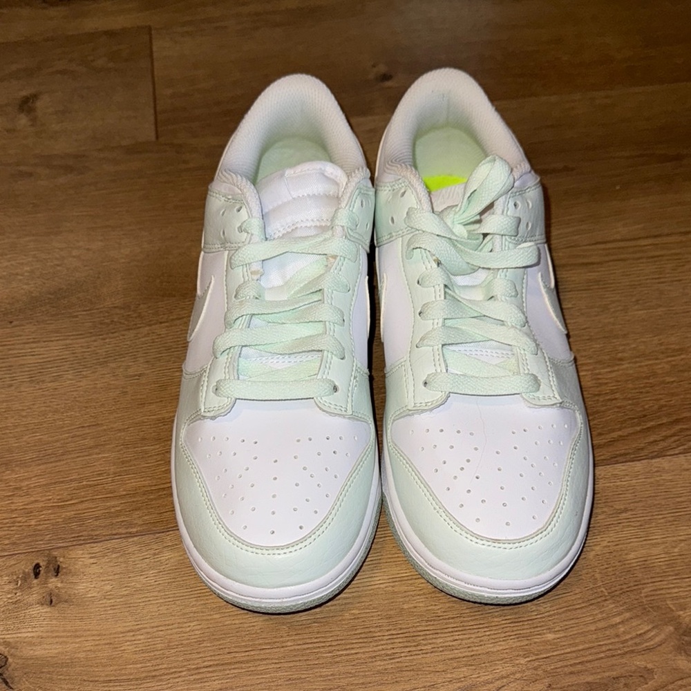 Nike dunks in mint and white. Never worn. Women’s size 9 1/2.